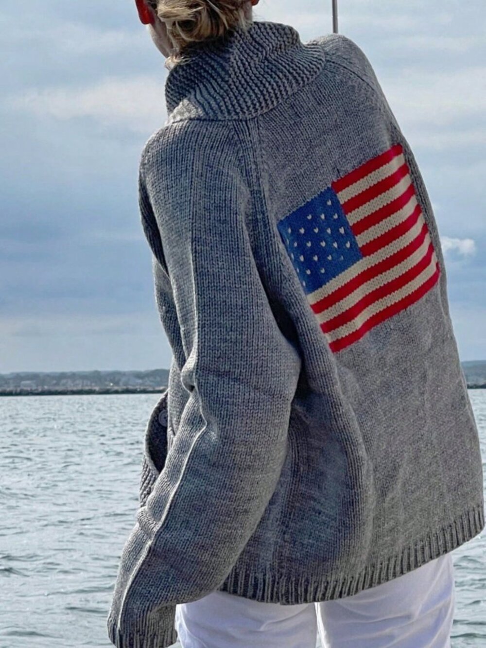 Light Grey Casual Women's Open Front Cardigan with American Flag Print